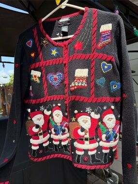 Designers Originals Black and Red Santa Patchwork Cardigan